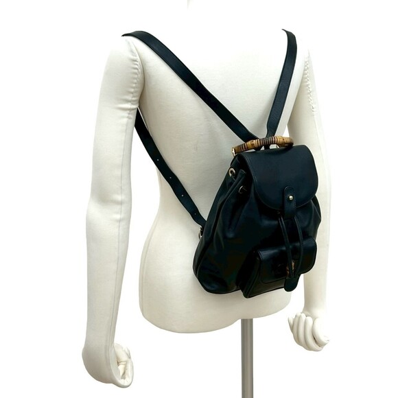 GUCCI (Old Gucci) Vintage Bamboo Leather Backpack Mini Navy Blue ni3-1 - Picture 2 of 10